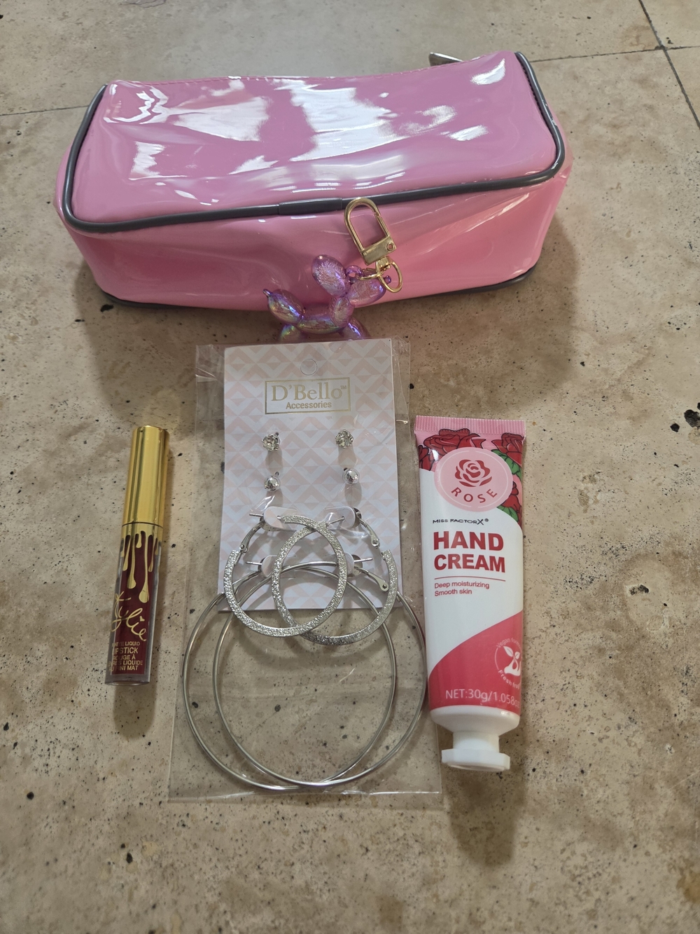 Kylie Cosmetics Pink Glossy Cosmetic Bag with Lip Gloss & Accessories
